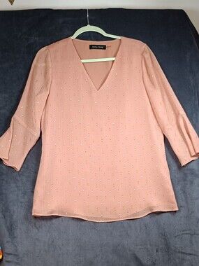 Ivanka Trump Peach V-Neck Blouse with Gold And Silver Dot Detail